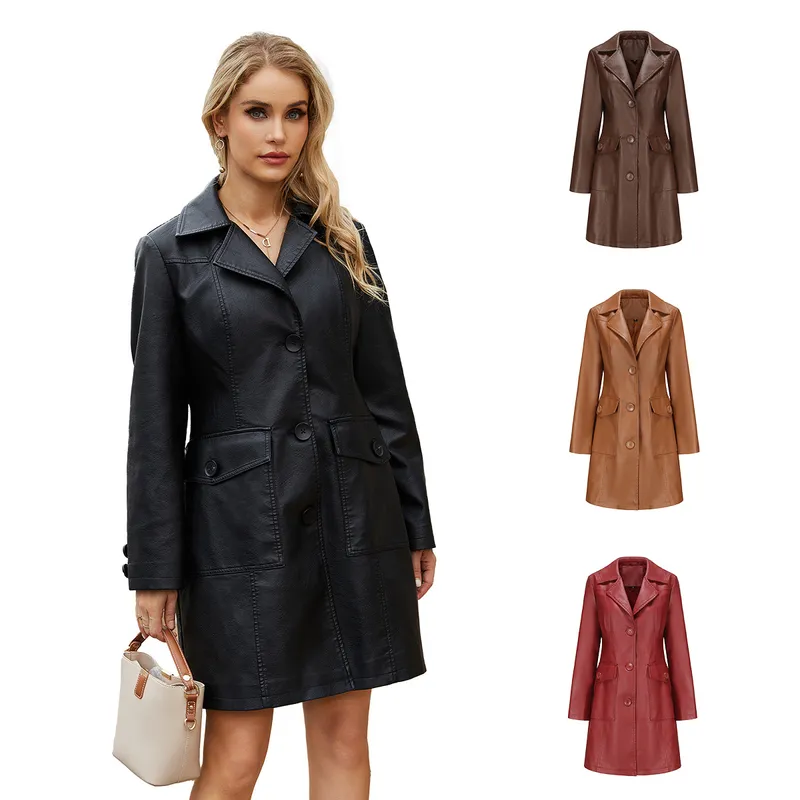0C 416M39 Pallas Ropa de cuero de cuero para mujeres europeo y americano de manga de manga larga Flip Batk Bath Batked Smin Brea