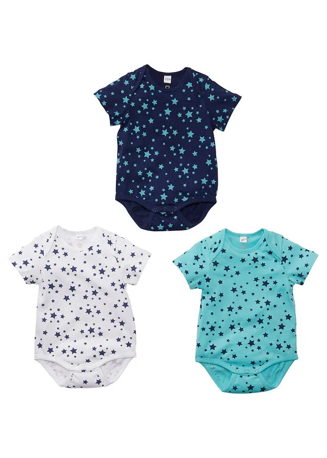 Bodi de manga corta para bebé (3 unidades) de algodón orgánico Celeste/azul oxford/blanco