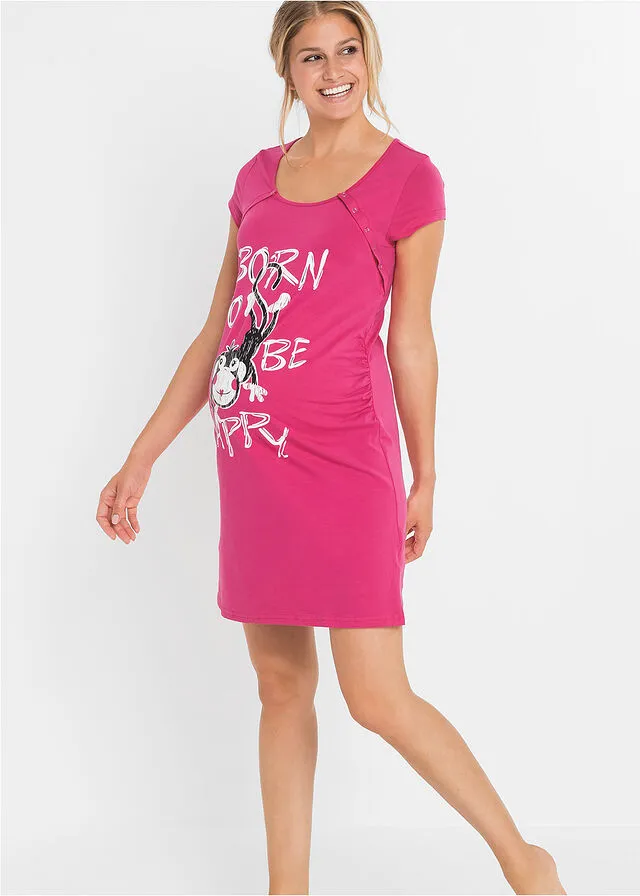 Camisón de lactancia de algodón sostenible Rosa oscuro estampado