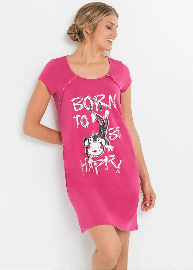 Camisón de lactancia de algodón sostenible Rosa oscuro estampado