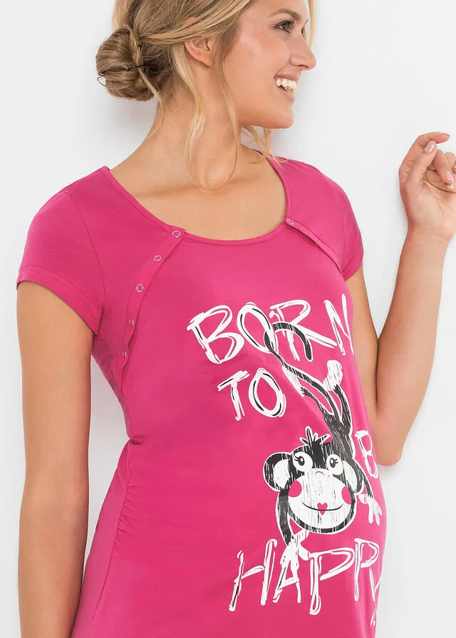 Camisón de lactancia de algodón sostenible Rosa oscuro estampado