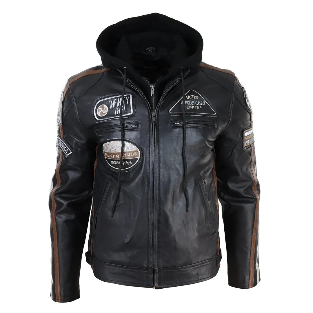 Chaqueta de cuero con moscas con capucha para hombres