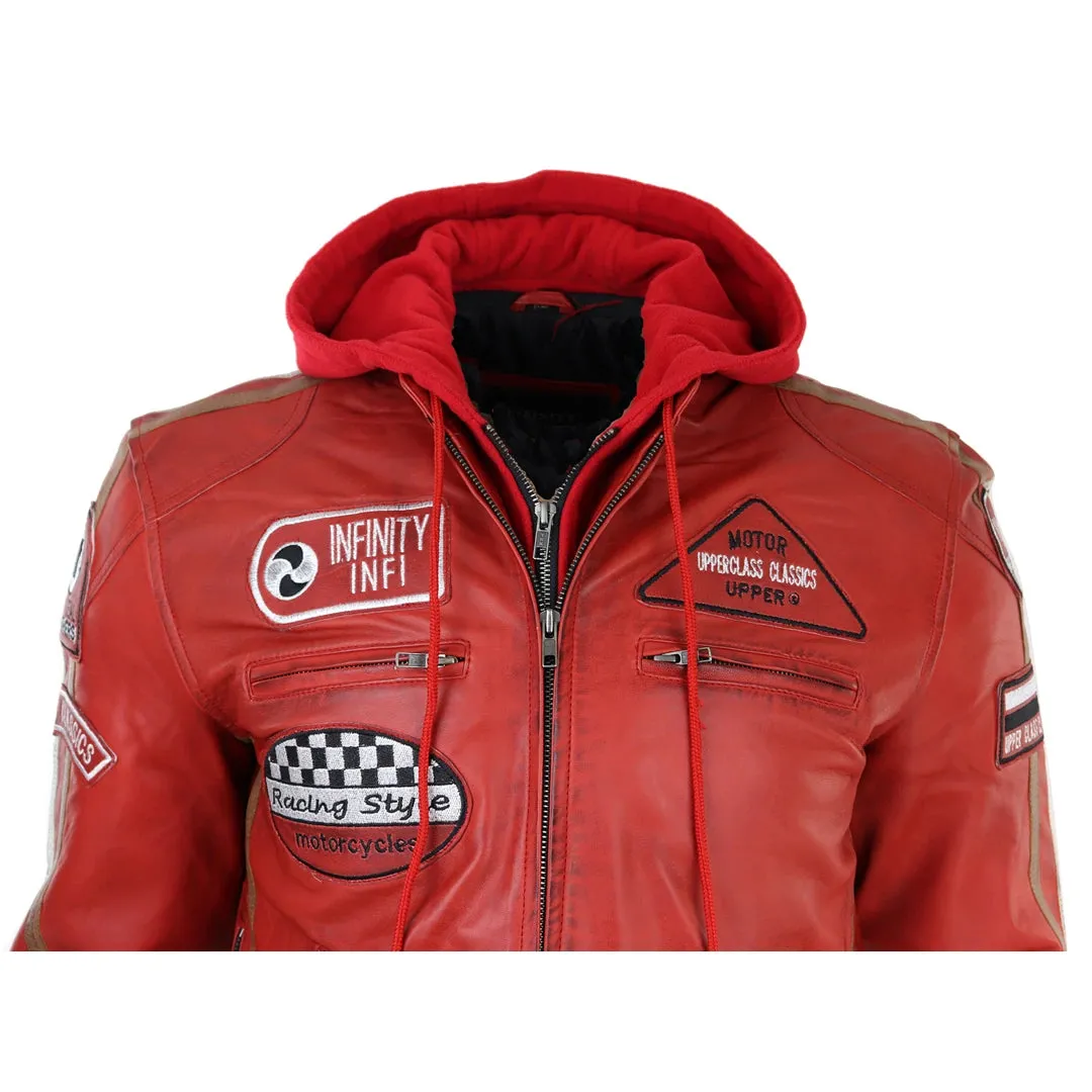 Chaqueta de cuero con moscas con capucha para hombres