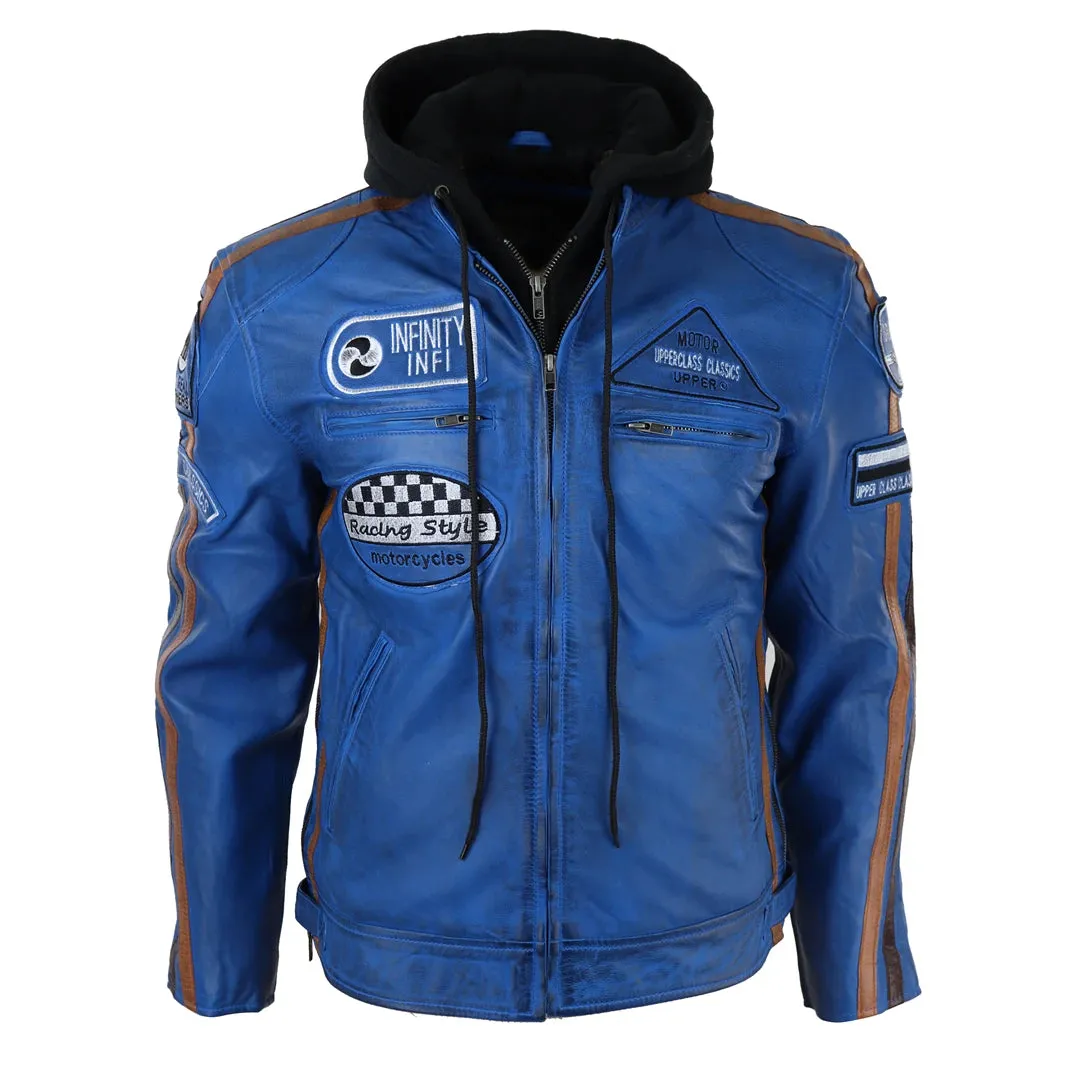 Chaqueta de cuero con moscas con capucha para hombres