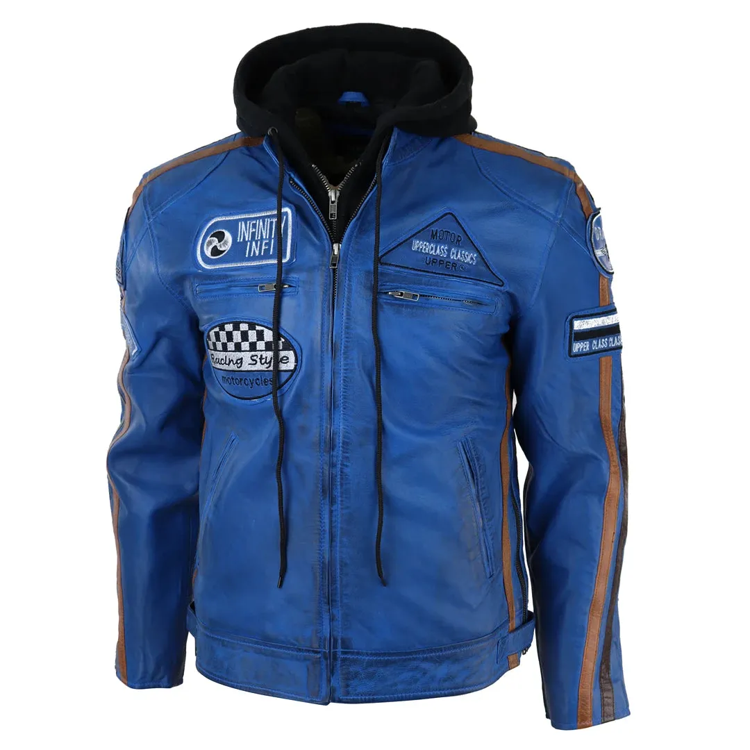 Chaqueta de cuero con moscas con capucha para hombres