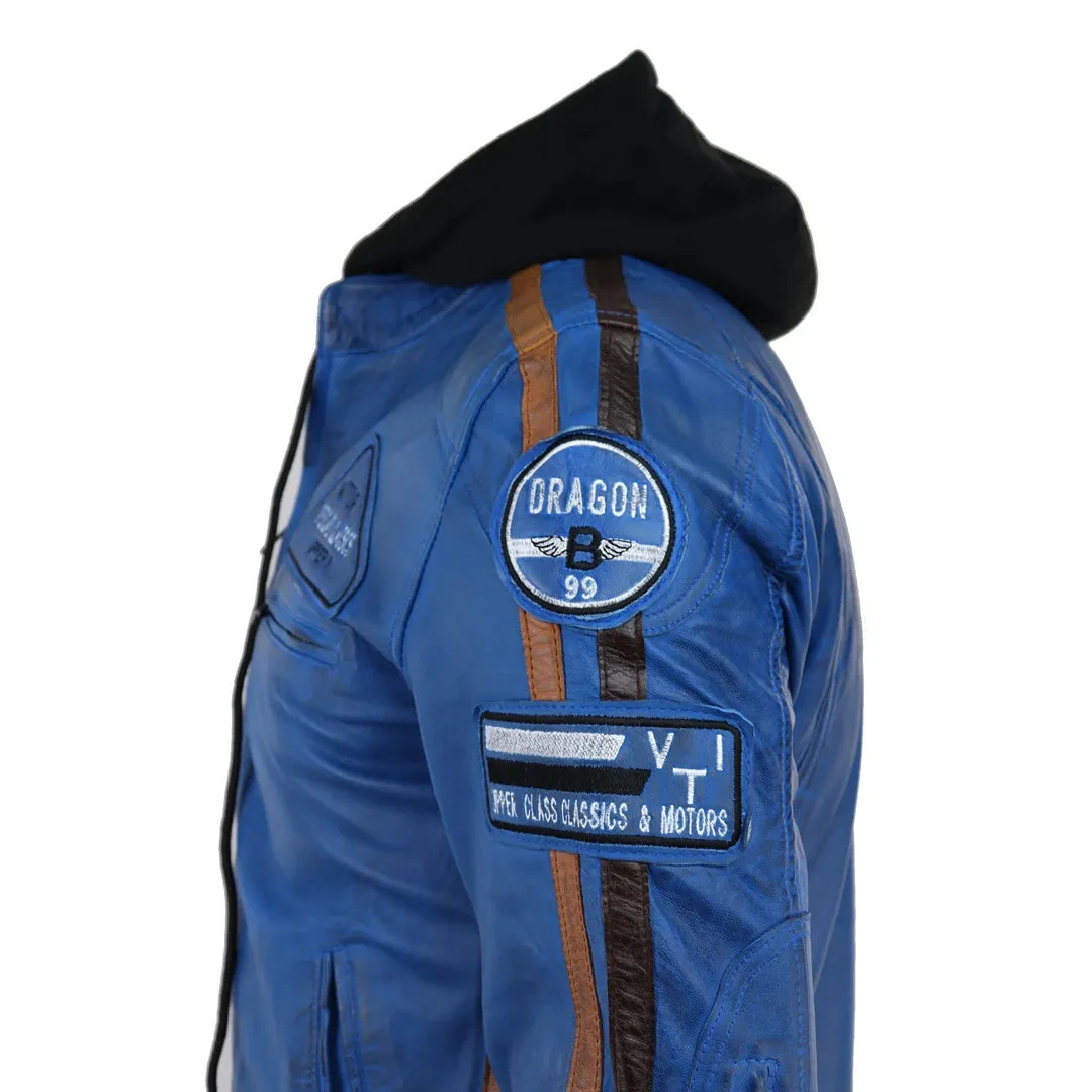 Chaqueta de cuero con moscas con capucha para hombres