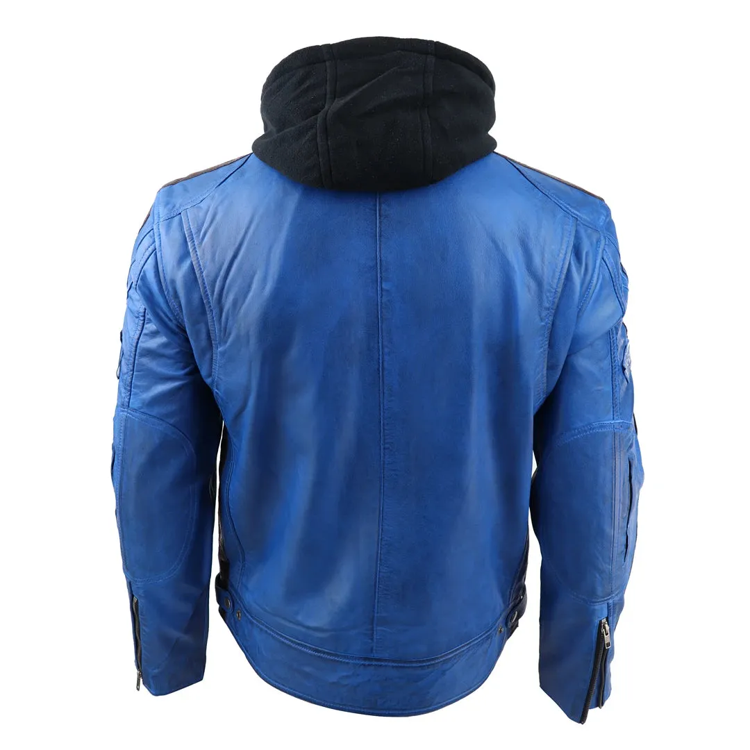 Chaqueta de cuero con moscas con capucha para hombres