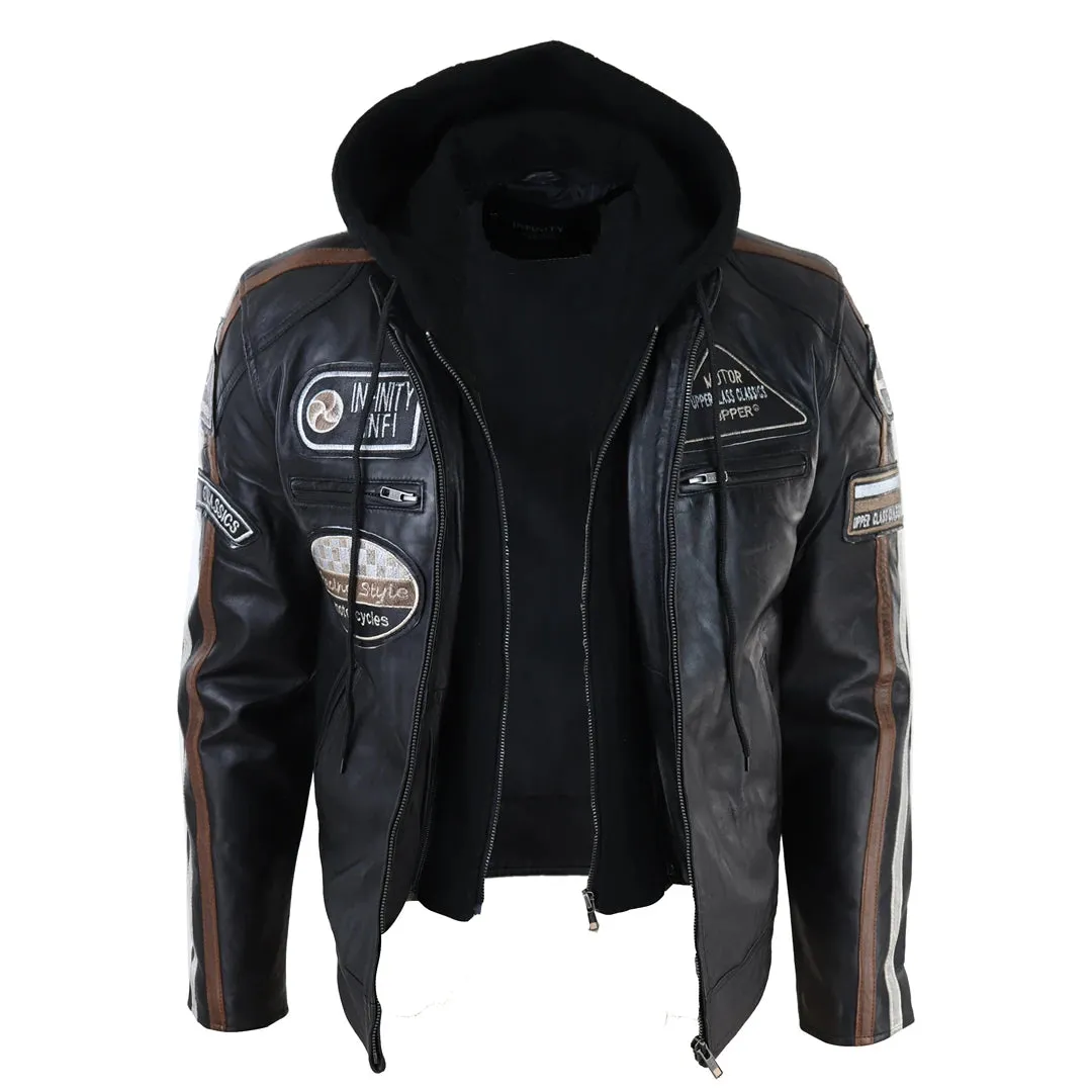 Chaqueta de cuero con moscas con capucha para hombres