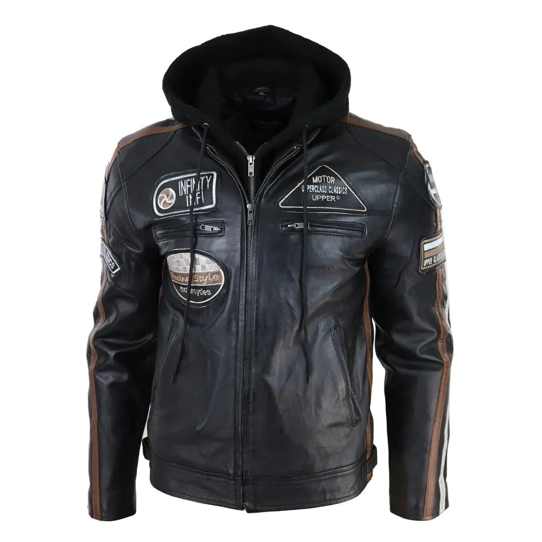 Chaqueta de cuero con moscas con capucha para hombres