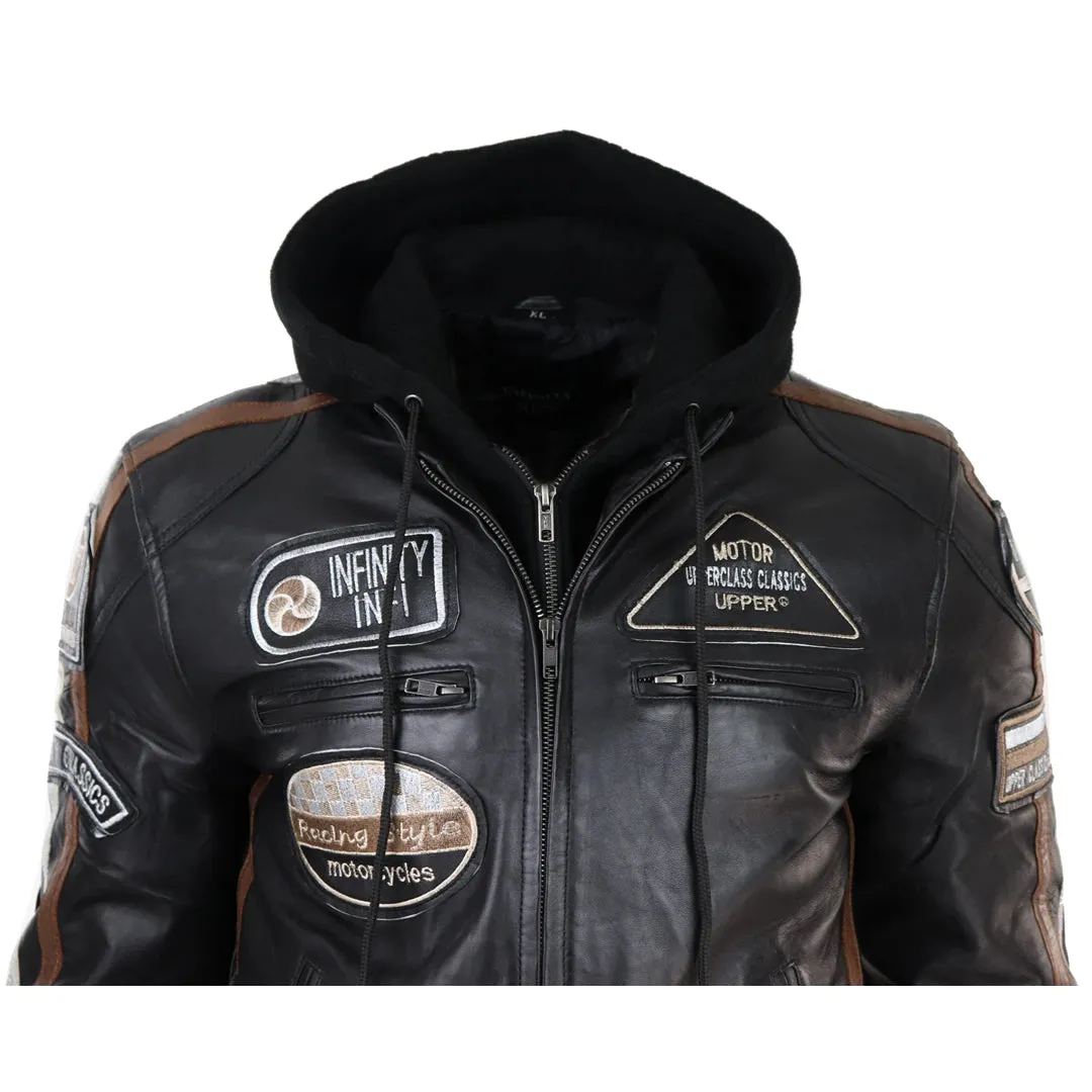 Chaqueta de cuero con moscas con capucha para hombres