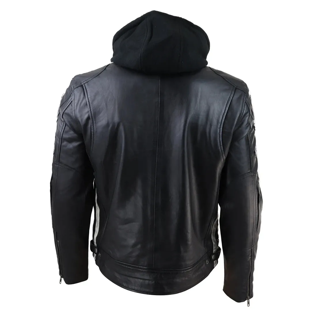 Chaqueta de cuero con moscas con capucha para hombres