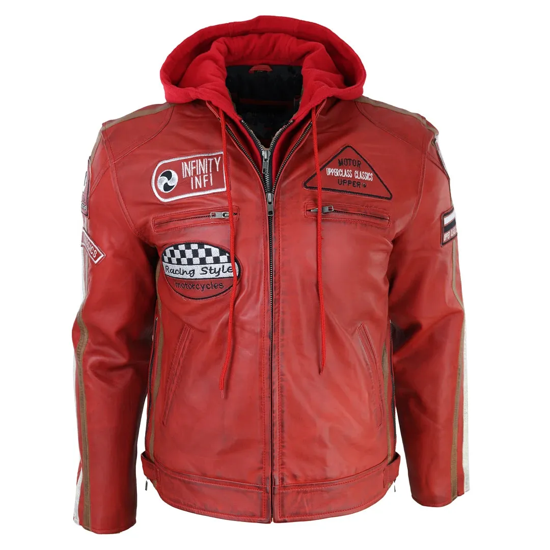 Chaqueta de cuero con moscas con capucha para hombres