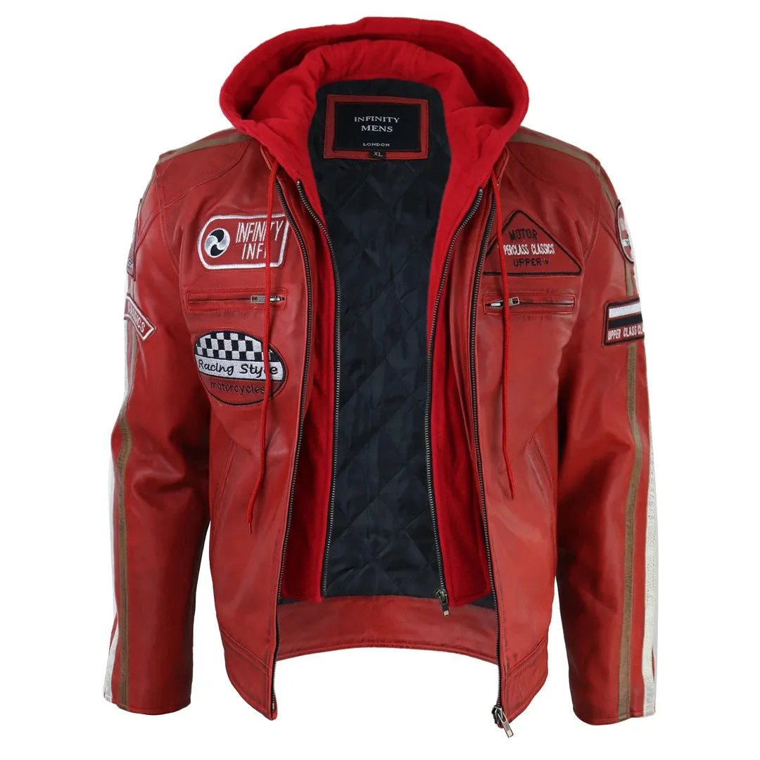 Chaqueta de cuero con moscas con capucha para hombres