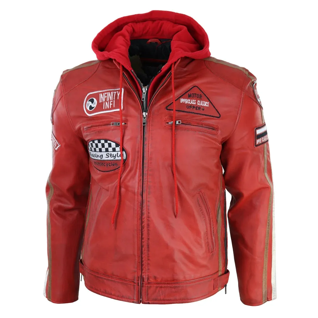 Chaqueta de cuero con moscas con capucha para hombres