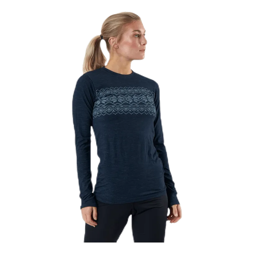 ENDURANCE YALIA SEAMLESS WOOL PRINT LS BASELAYER BLUE