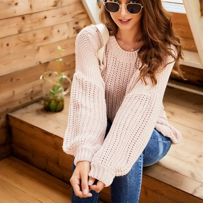 Leisure Long Sleeve Openwork Women Sweater Knitting Twist Round Neck Sweater 
