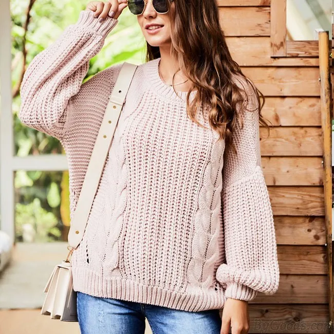 Leisure Long Sleeve Openwork Women Sweater Knitting Twist Round Neck Sweater 