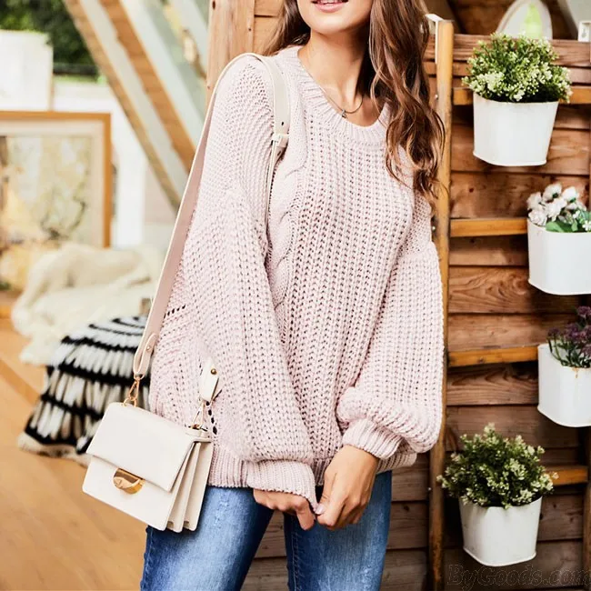 Leisure Long Sleeve Openwork Women Sweater Knitting Twist Round Neck Sweater 