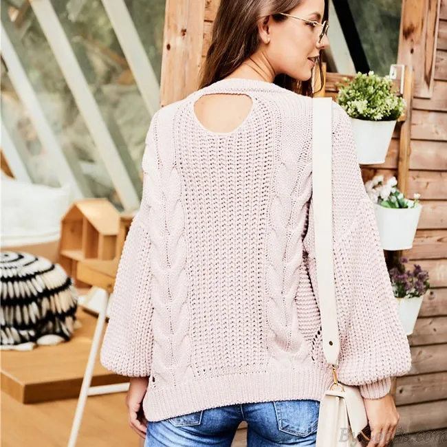 Leisure Long Sleeve Openwork Women Sweater Knitting Twist Round Neck Sweater 