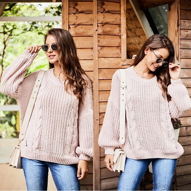 Leisure Long Sleeve Openwork Women Sweater Knitting Twist Round Neck Sweater 