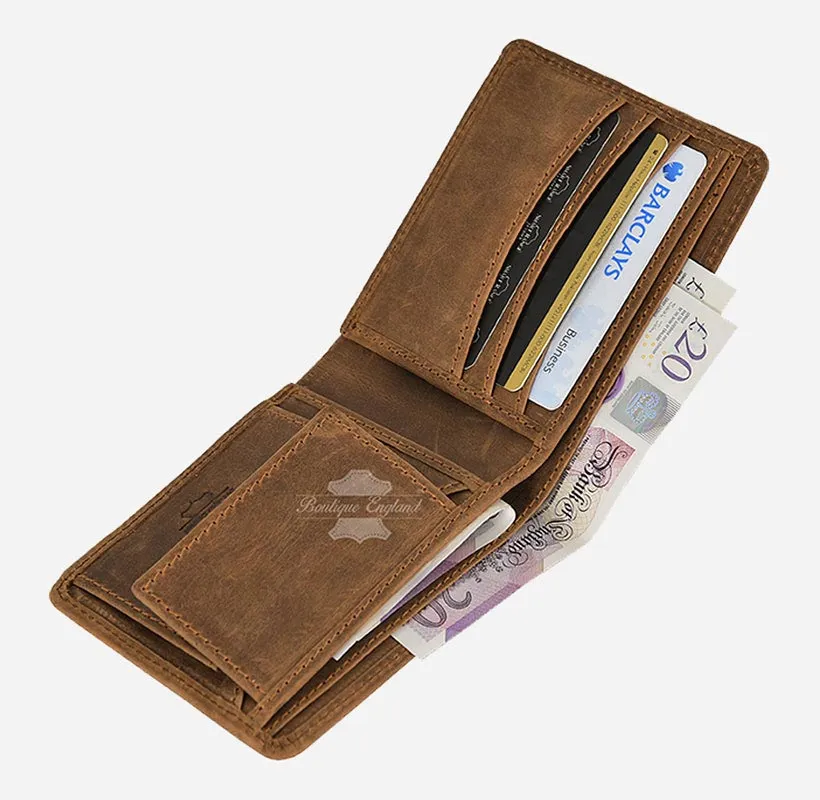 MENS BIFOLD WALLET CRAZY HORSE Tan CARD HOLDER RFID PROTECTED