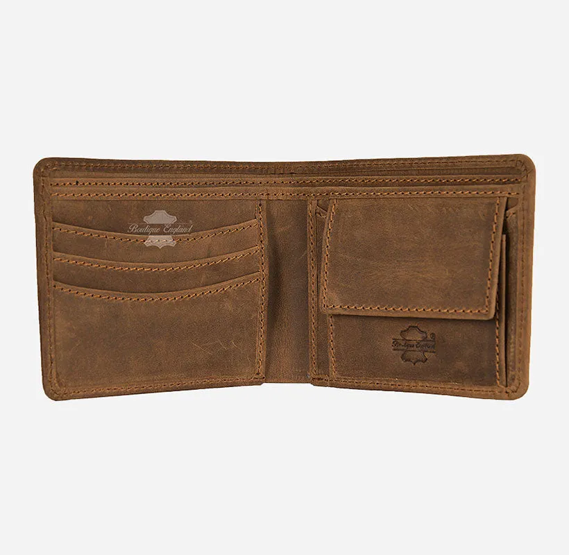 MENS BIFOLD WALLET CRAZY HORSE Tan CARD HOLDER RFID PROTECTED
