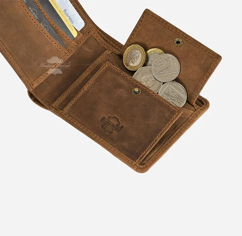 MENS BIFOLD WALLET CRAZY HORSE Tan CARD HOLDER RFID PROTECTED