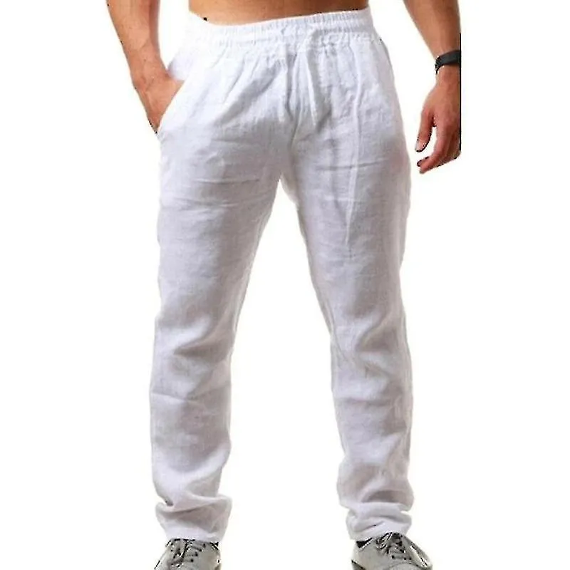 Mens Summer Cotton Linen Pants Drawstring Elasticated Loose Soft Casual Holiday Trousers