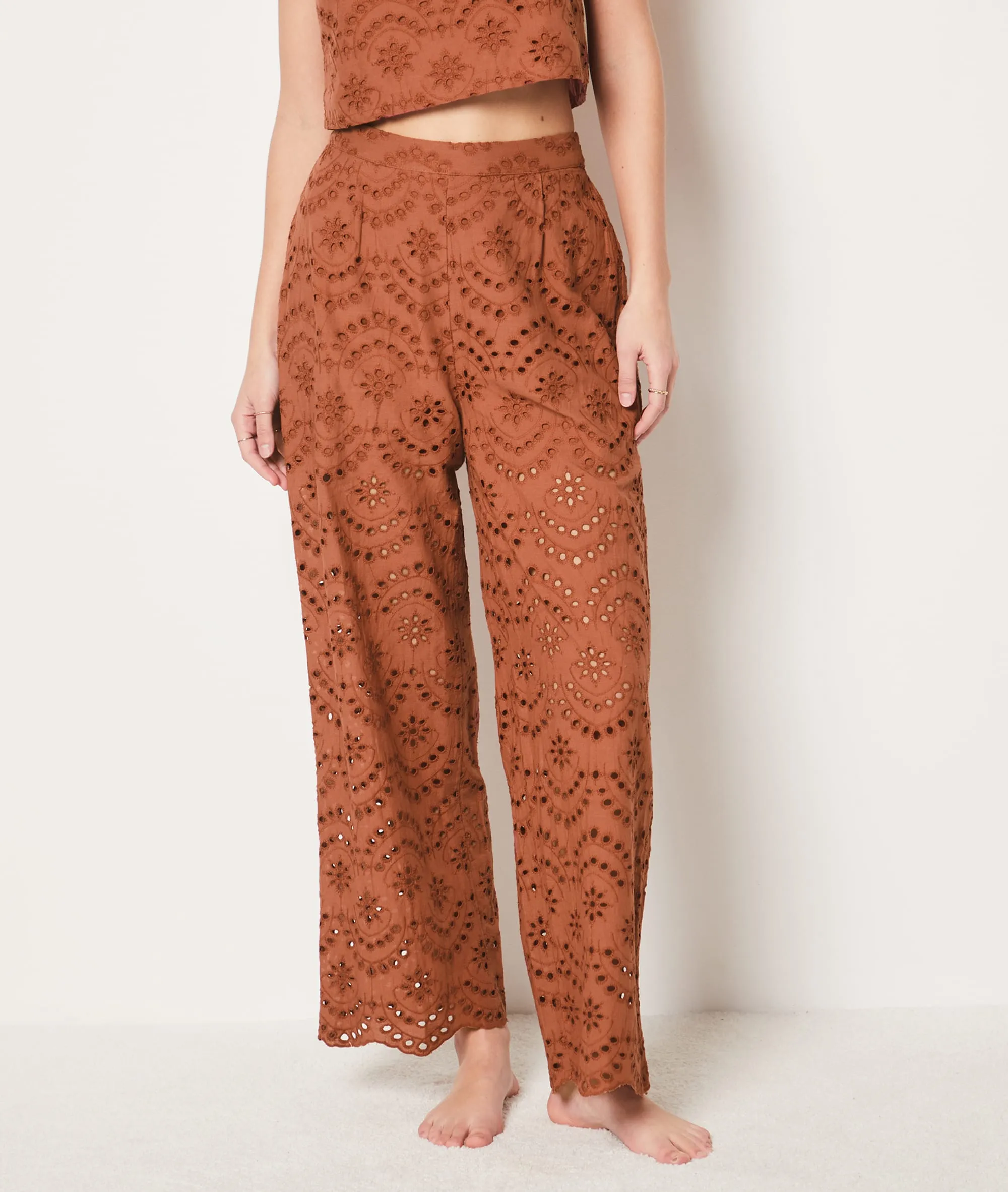 PANTALóN ALGODóN BORDADOS INGLESES BANGKA B MARRON  ETAM