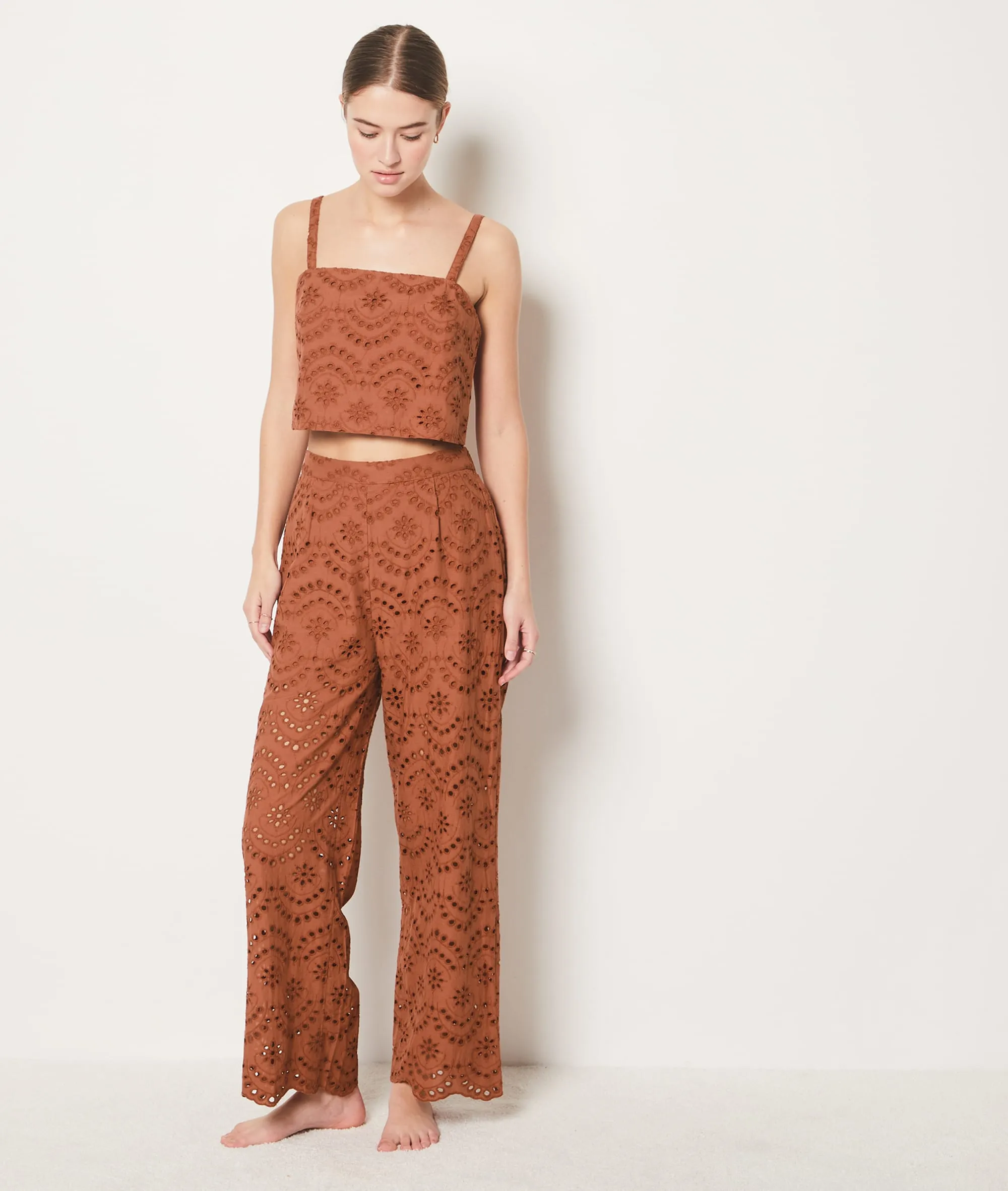 PANTALóN ALGODóN BORDADOS INGLESES BANGKA B MARRON  ETAM