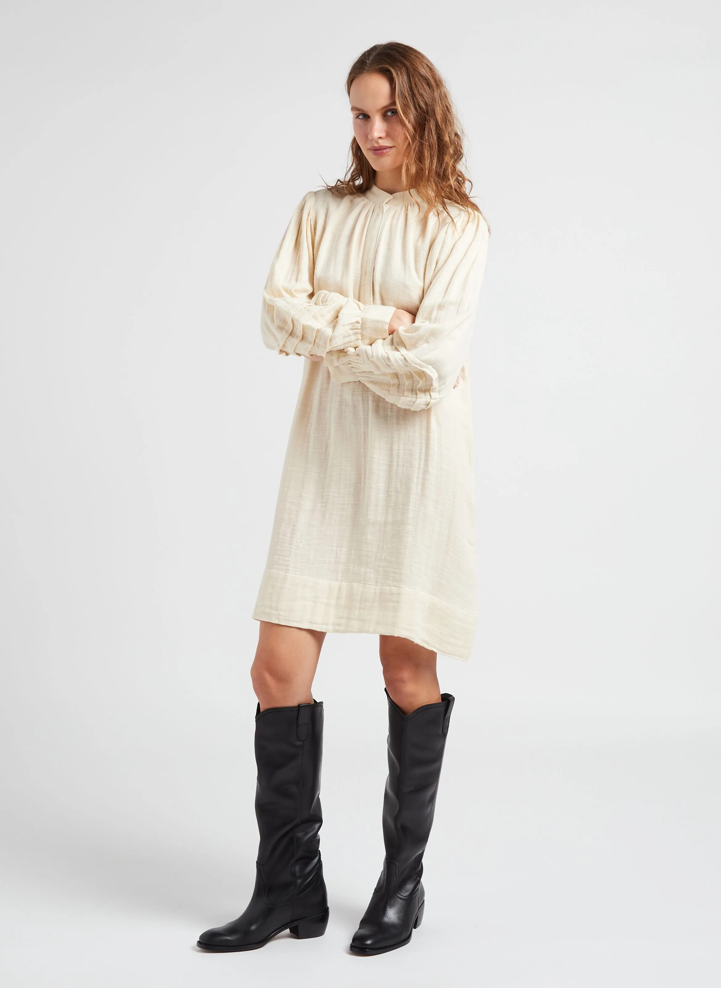 PREETI  VESTIDO MIDI DE ALGODóN CON CUELLO REDONDO EN BEIGE