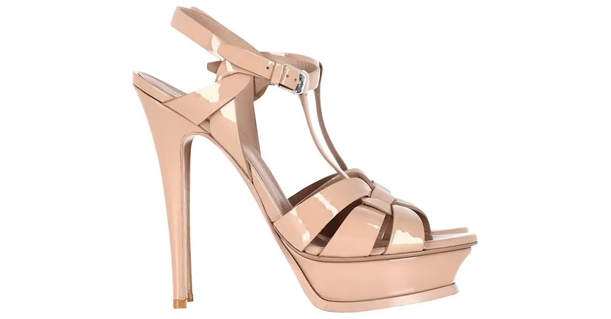 Sandalias con plataforma Tribute de Saint Laurent en charol color nude Castaño Carne 