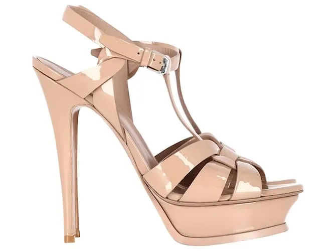 Sandalias con plataforma Tribute de Saint Laurent en charol color nude Castaño Carne 
