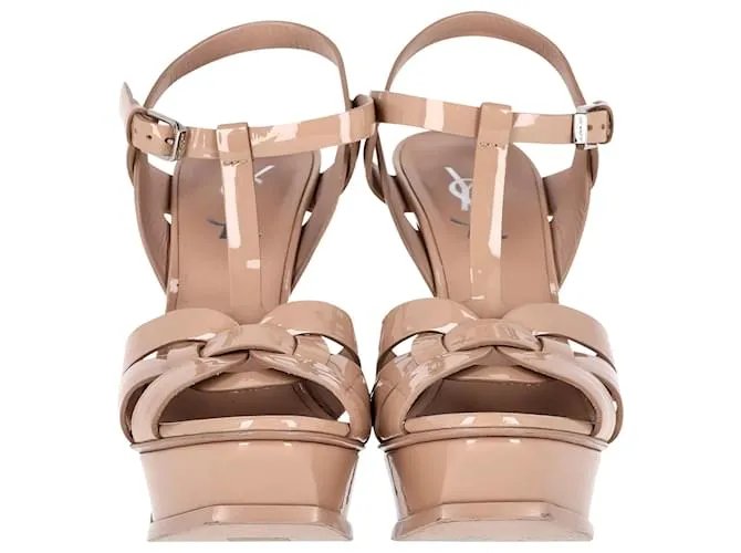 Sandalias con plataforma Tribute de Saint Laurent en charol color nude Castaño Carne 