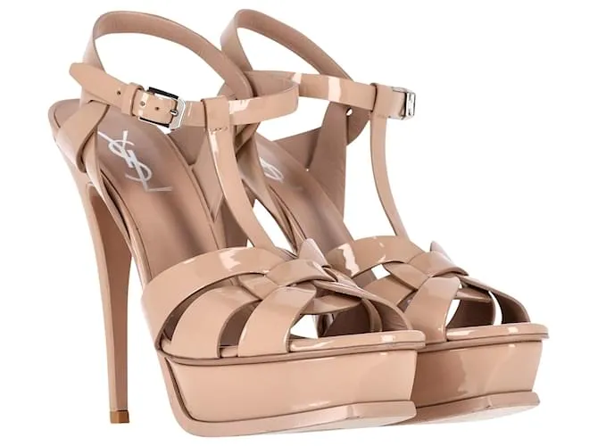 Sandalias con plataforma Tribute de Saint Laurent en charol color nude Castaño Carne 