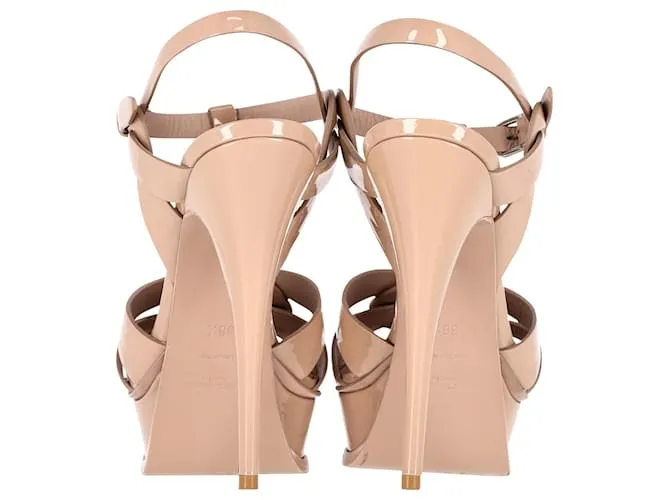 Sandalias con plataforma Tribute de Saint Laurent en charol color nude Castaño Carne 