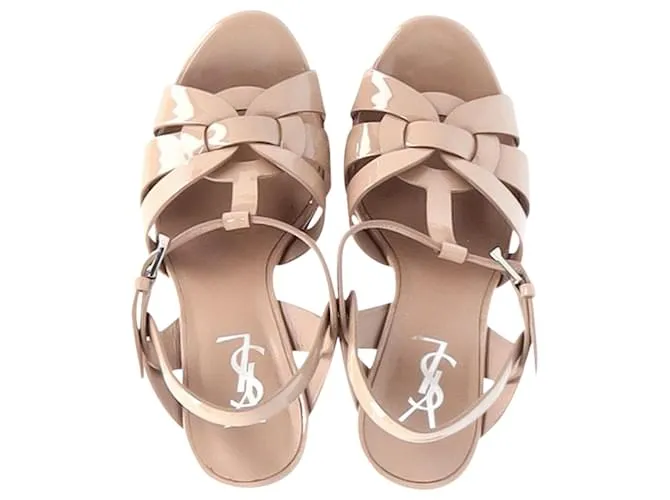 Sandalias con plataforma Tribute de Saint Laurent en charol color nude Castaño Carne 