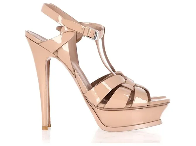 Sandalias con plataforma Tribute de Saint Laurent en charol color nude Castaño Carne 