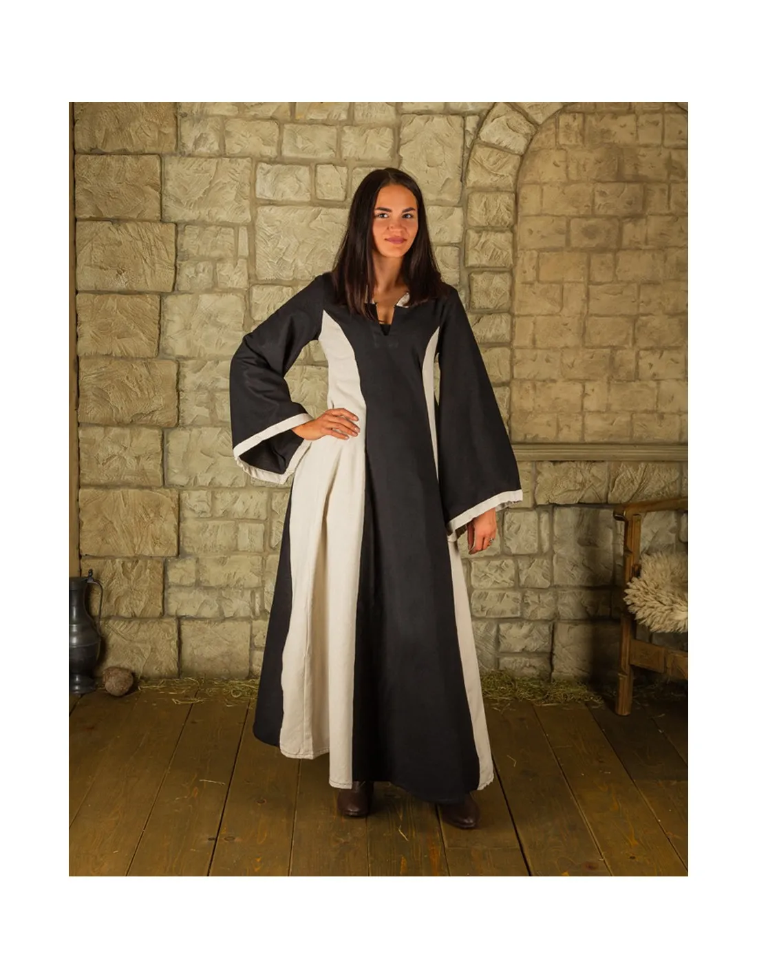 VESTIDO MEDIEVAL NEGROCREMA CON CAPUCHA MODELO IRIS