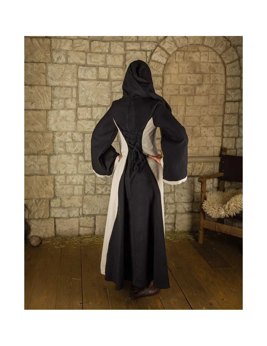 VESTIDO MEDIEVAL NEGROCREMA CON CAPUCHA MODELO IRIS