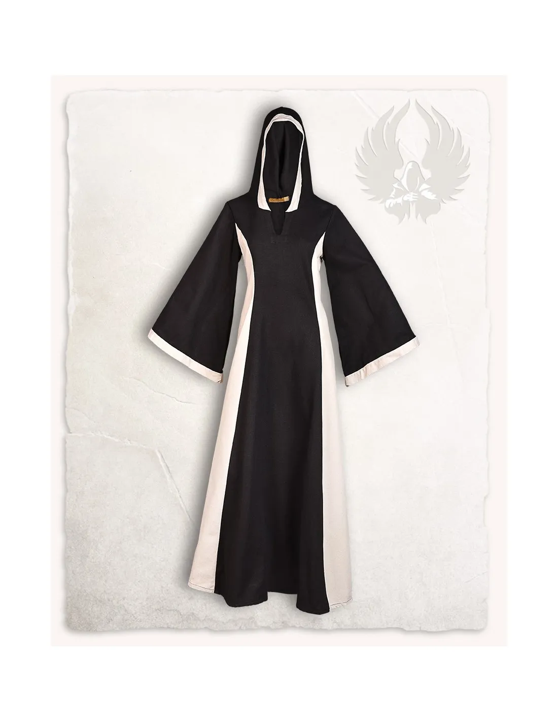 VESTIDO MEDIEVAL NEGROCREMA CON CAPUCHA MODELO IRIS