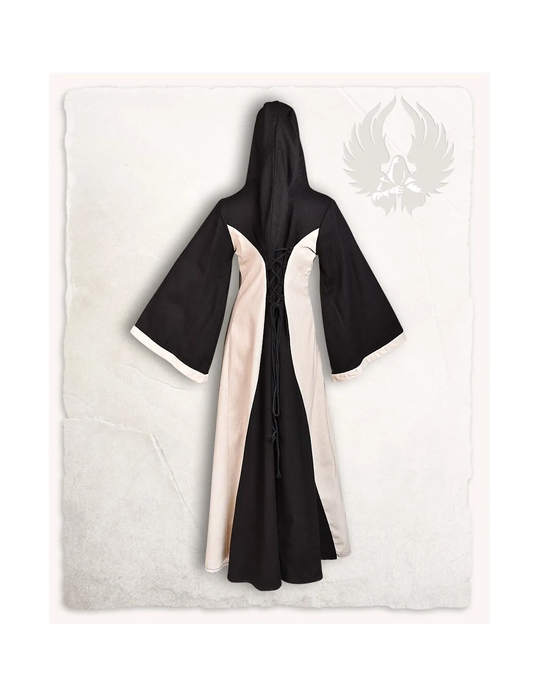 VESTIDO MEDIEVAL NEGROCREMA CON CAPUCHA MODELO IRIS