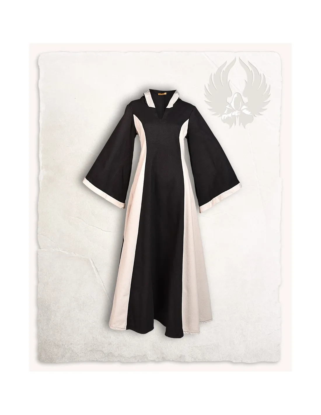 VESTIDO MEDIEVAL NEGROCREMA CON CAPUCHA MODELO IRIS