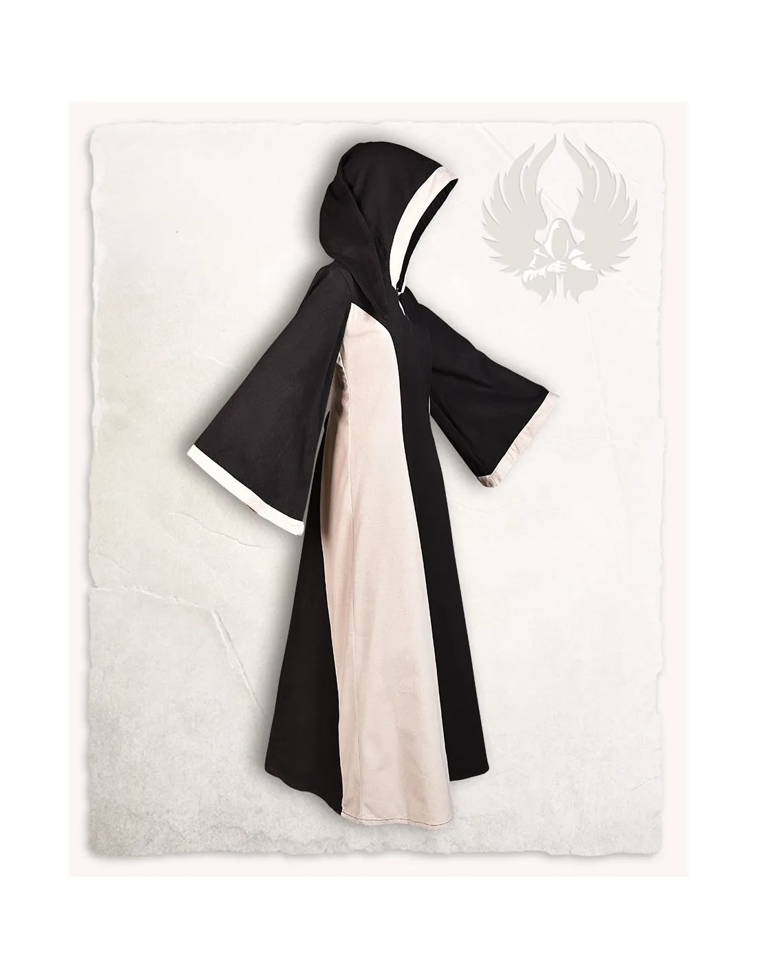 VESTIDO MEDIEVAL NEGROCREMA CON CAPUCHA MODELO IRIS