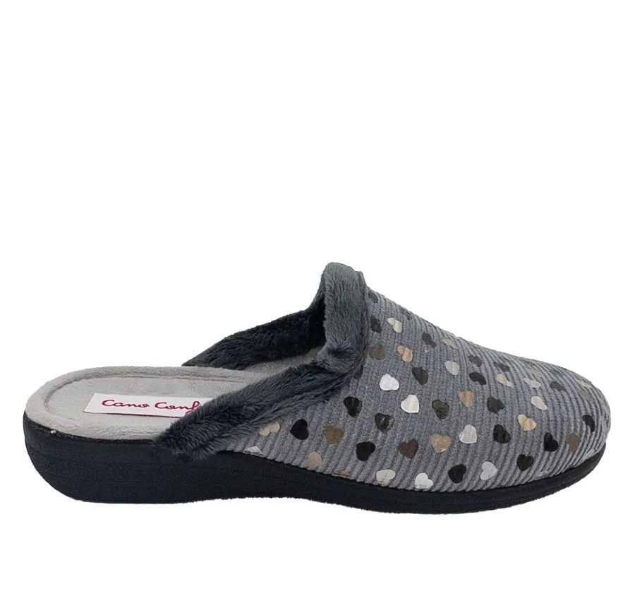 ZAPATILLA CANO CONFORT 61423 PANTUFLA ZUECO DE CASA MUY CÓMODA PARA MUJER DE PELO CORAZONES GRIS 28026