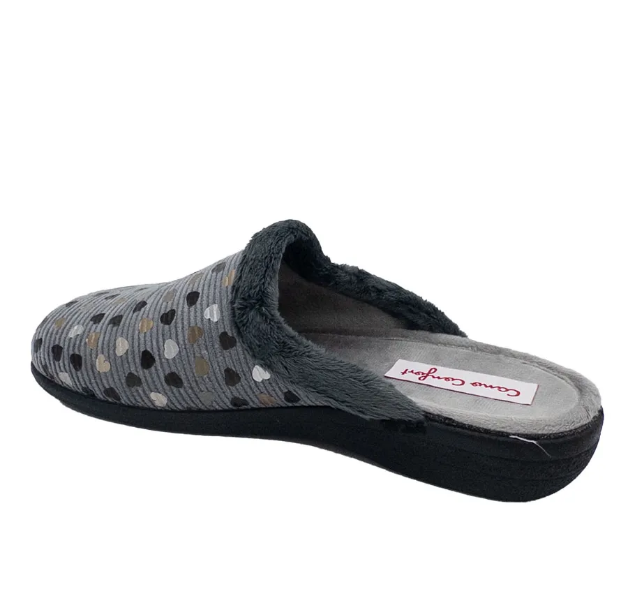 ZAPATILLA CANO CONFORT 61423 PANTUFLA ZUECO DE CASA MUY CÓMODA PARA MUJER DE PELO CORAZONES GRIS 28026